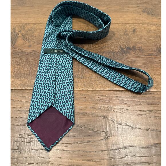 J. Crew 100% Silk Geometric Circle Pointed Neck Tie Teal Green Navy Abstract - Picture 2 of 5